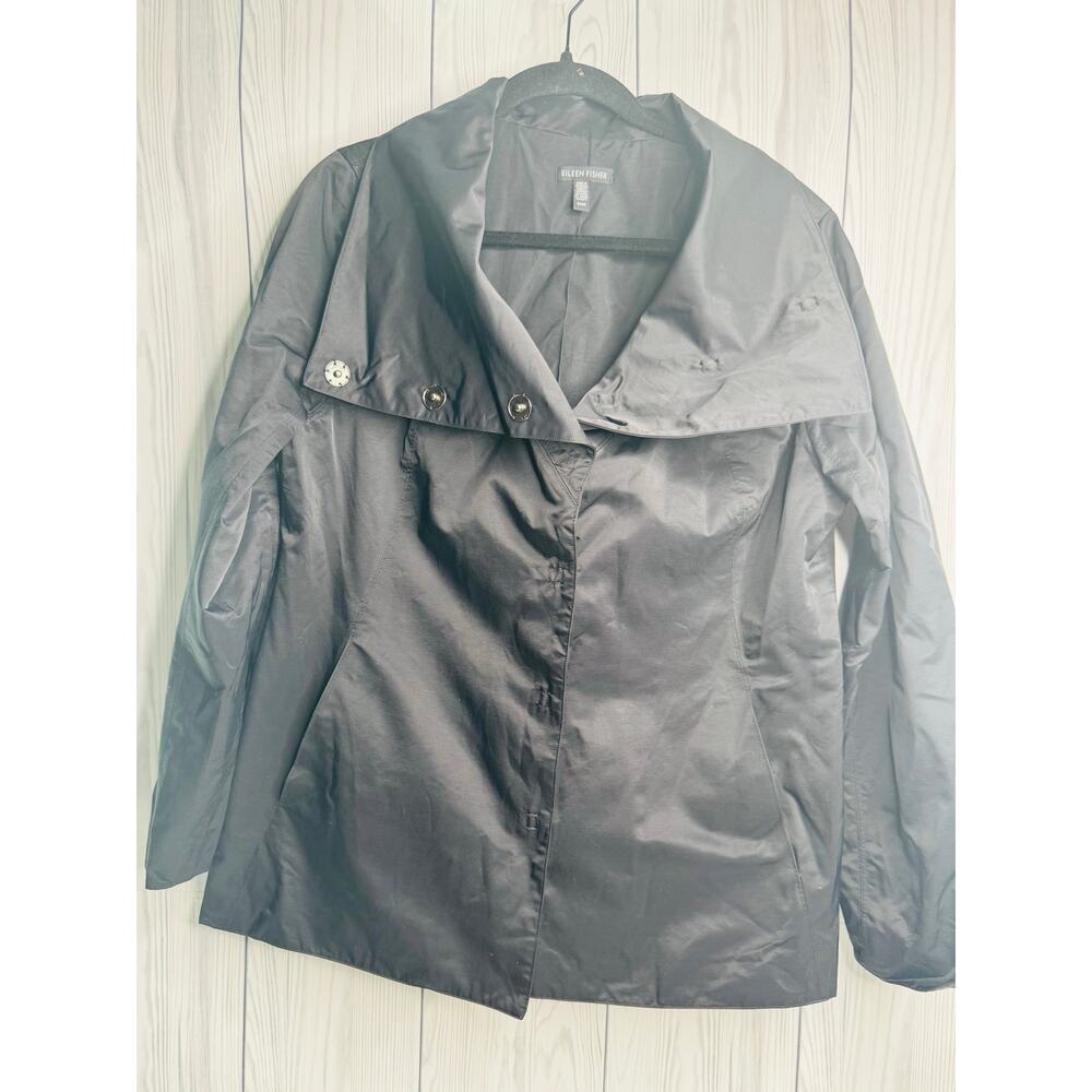 Eileen Fisher Nylon Blend Lightweight All Weather Jacket Black Buttons Size Med